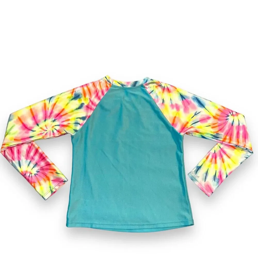 Wonder Nation Girls Rash Guard Swimsuit Top Shirt Long Sleeves Tie Dye Medium